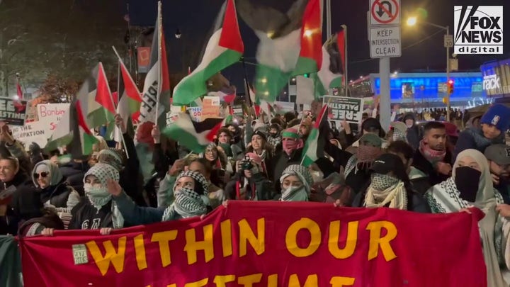 Pro-Palestinian protesters in Staten Island chant 